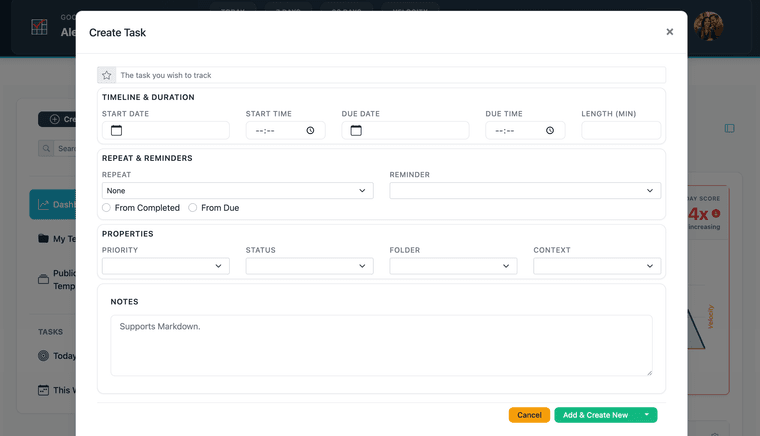Task detail/edit view open — all available fields visible